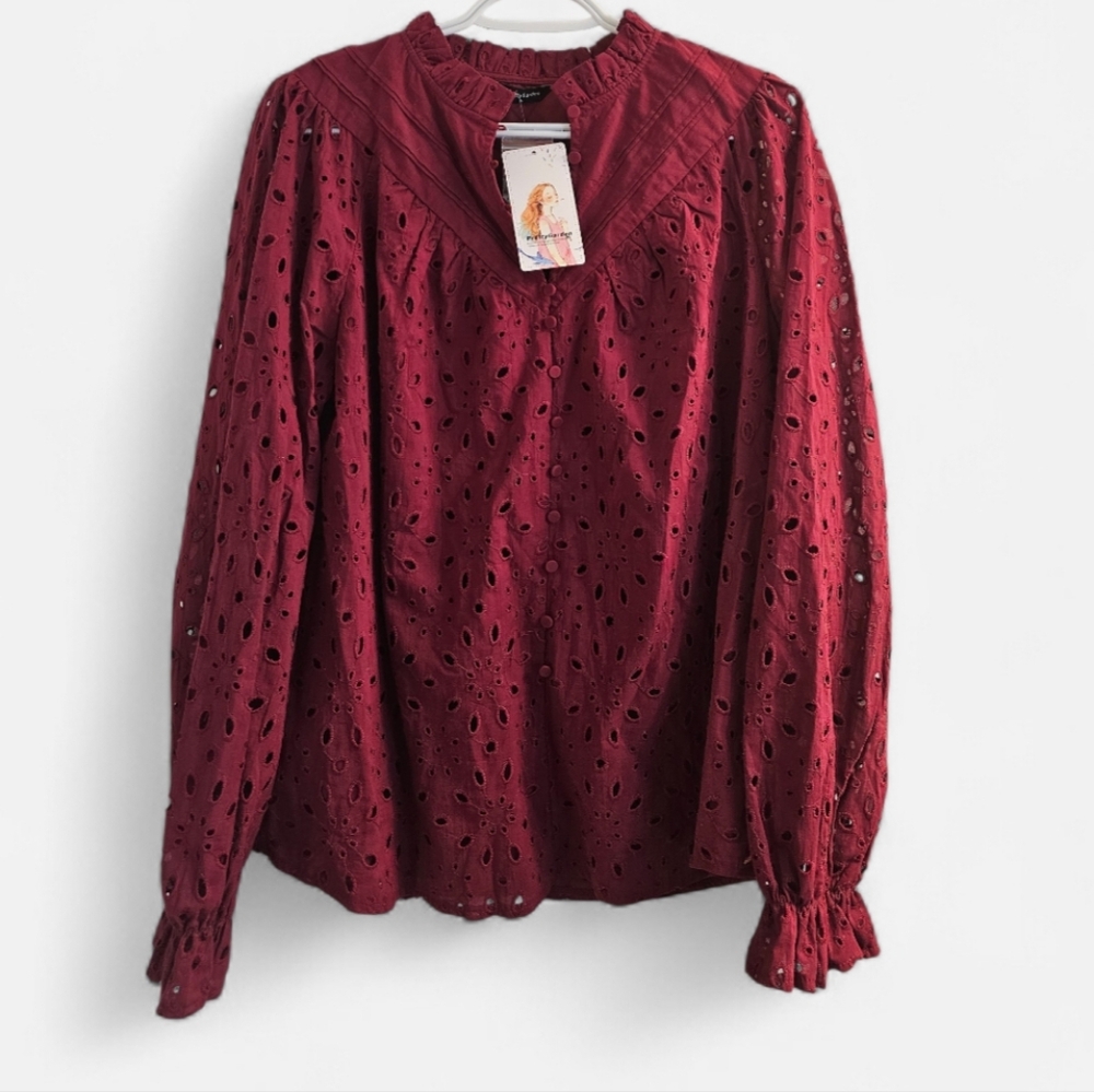 Elegant Burgundy Eyelet Blouse